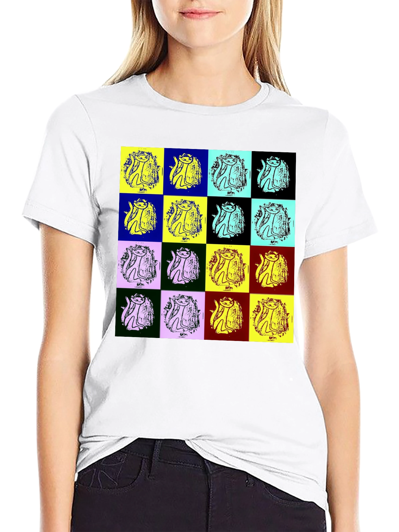 Pop Art Cat Graphic Black T-Shirt