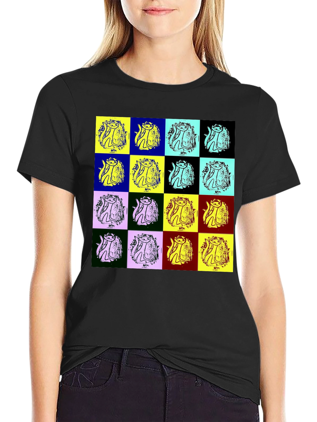 Pop Art Cat Graphic Black T-Shirt