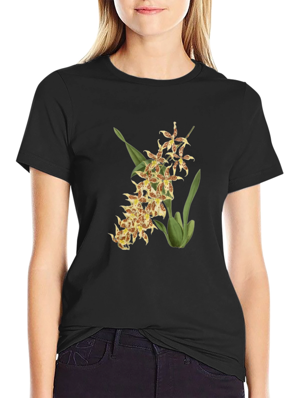 Floral Orchid Graphic Black T-Shirt