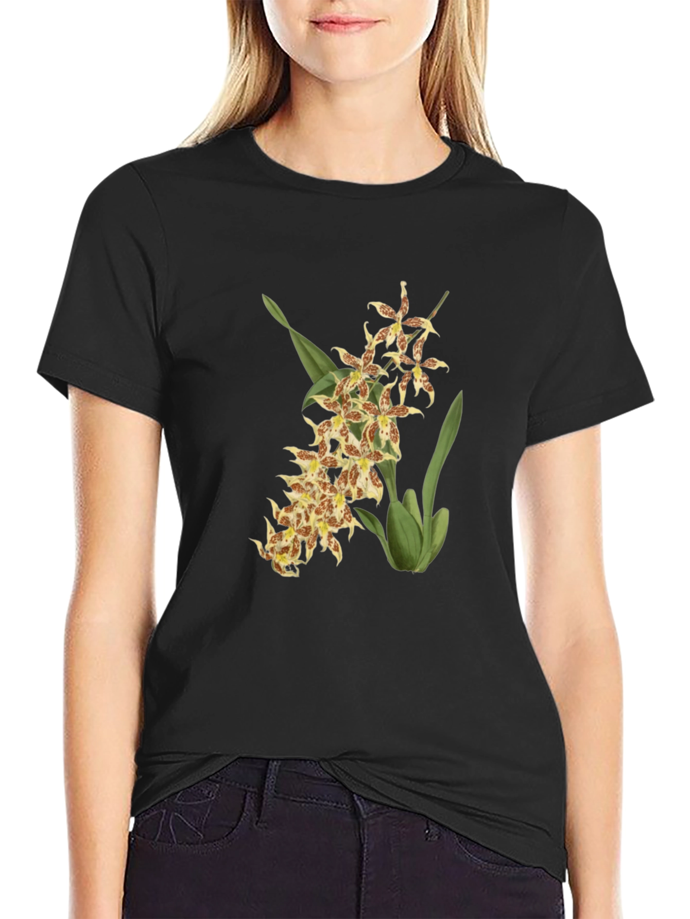 Floral Orchid Graphic Black T-Shirt
