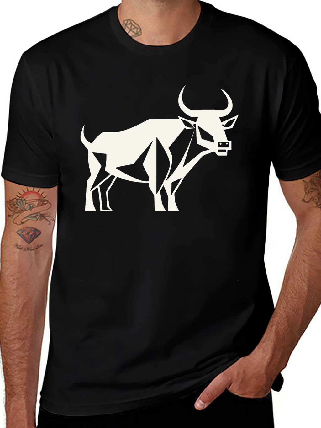 Geometric Bull Graphic Tee - Black