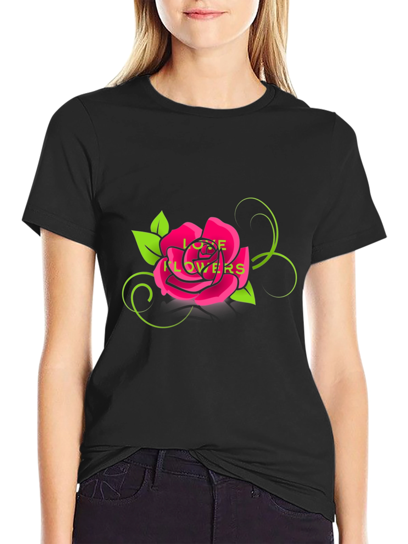 Love Flowers Rose Graphic Tee - Black