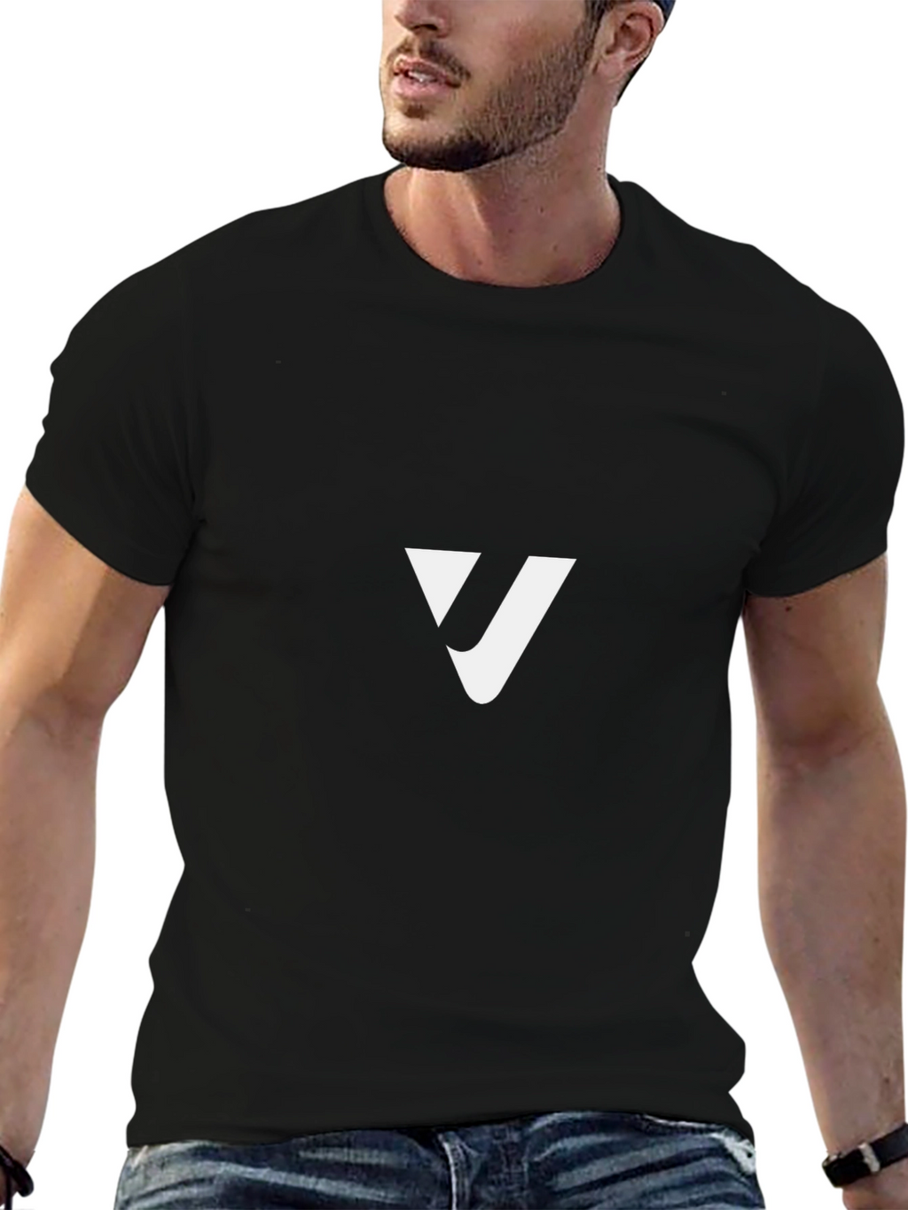Modern Black T-Shirt with White V Logo