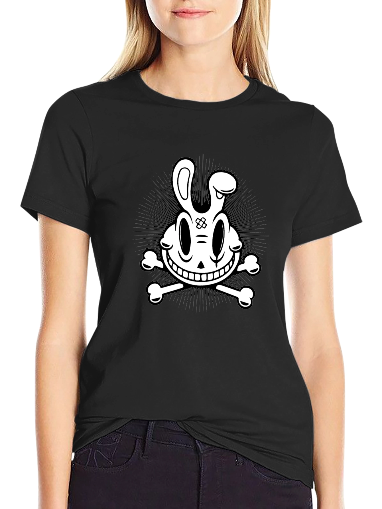 Cartoon Skull & Crossbones Graphic Tee - Black