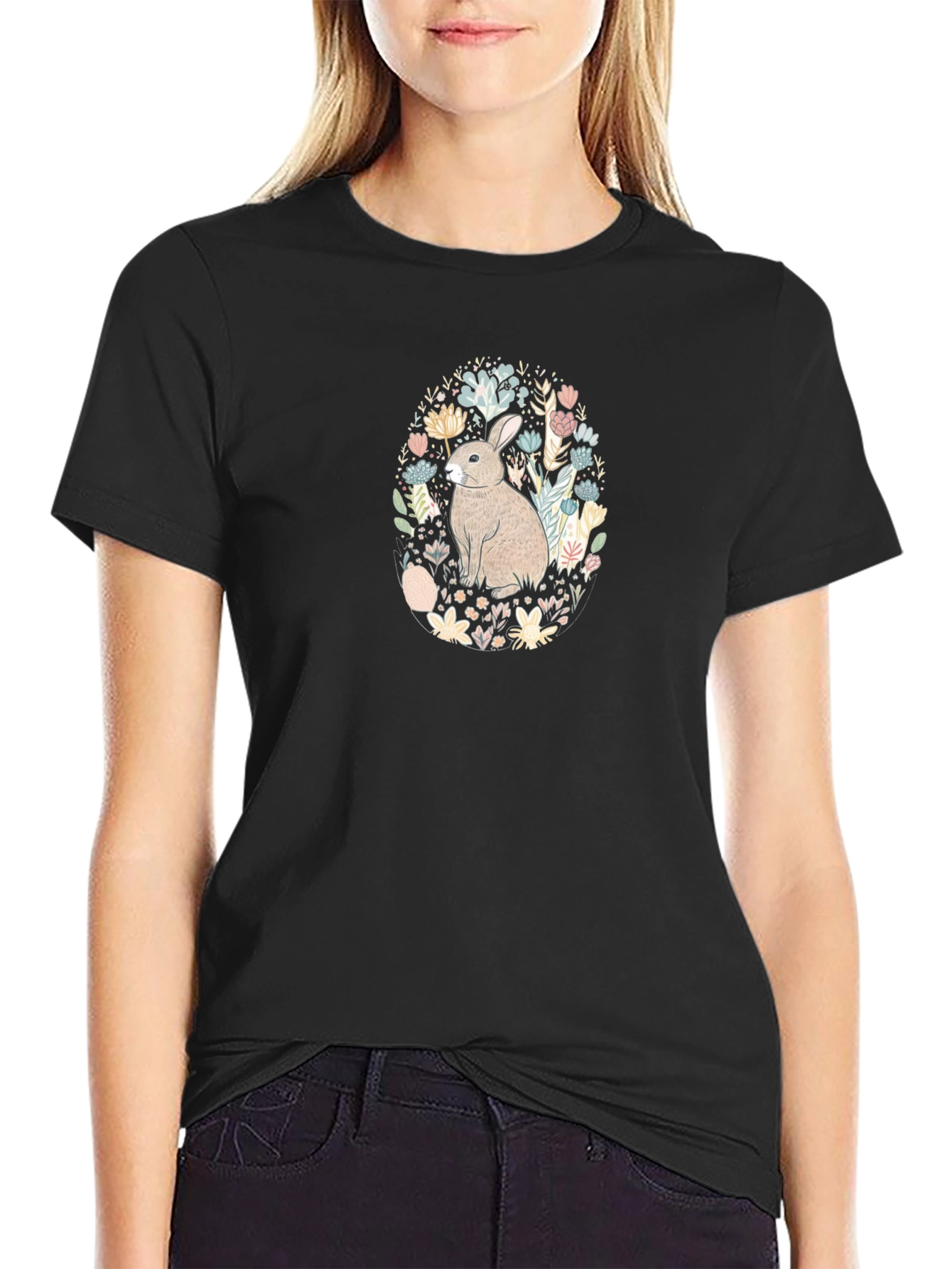 Bunny Floral Graphic Tee - Black T-Shirt