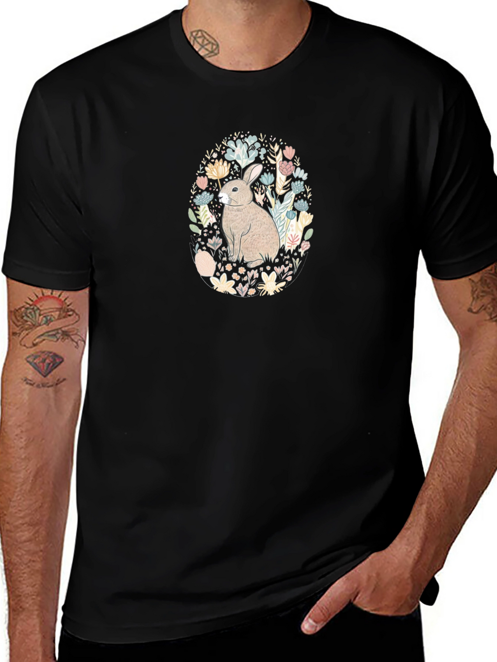 Bunny Floral Graphic Tee - Black T-Shirt