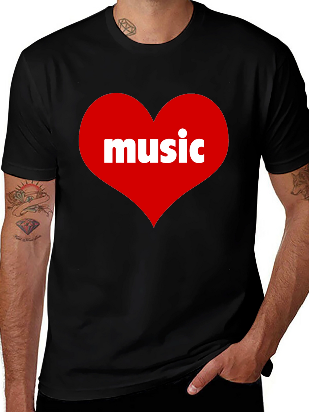 Music Lovers Black T-Shirt with Heart Design