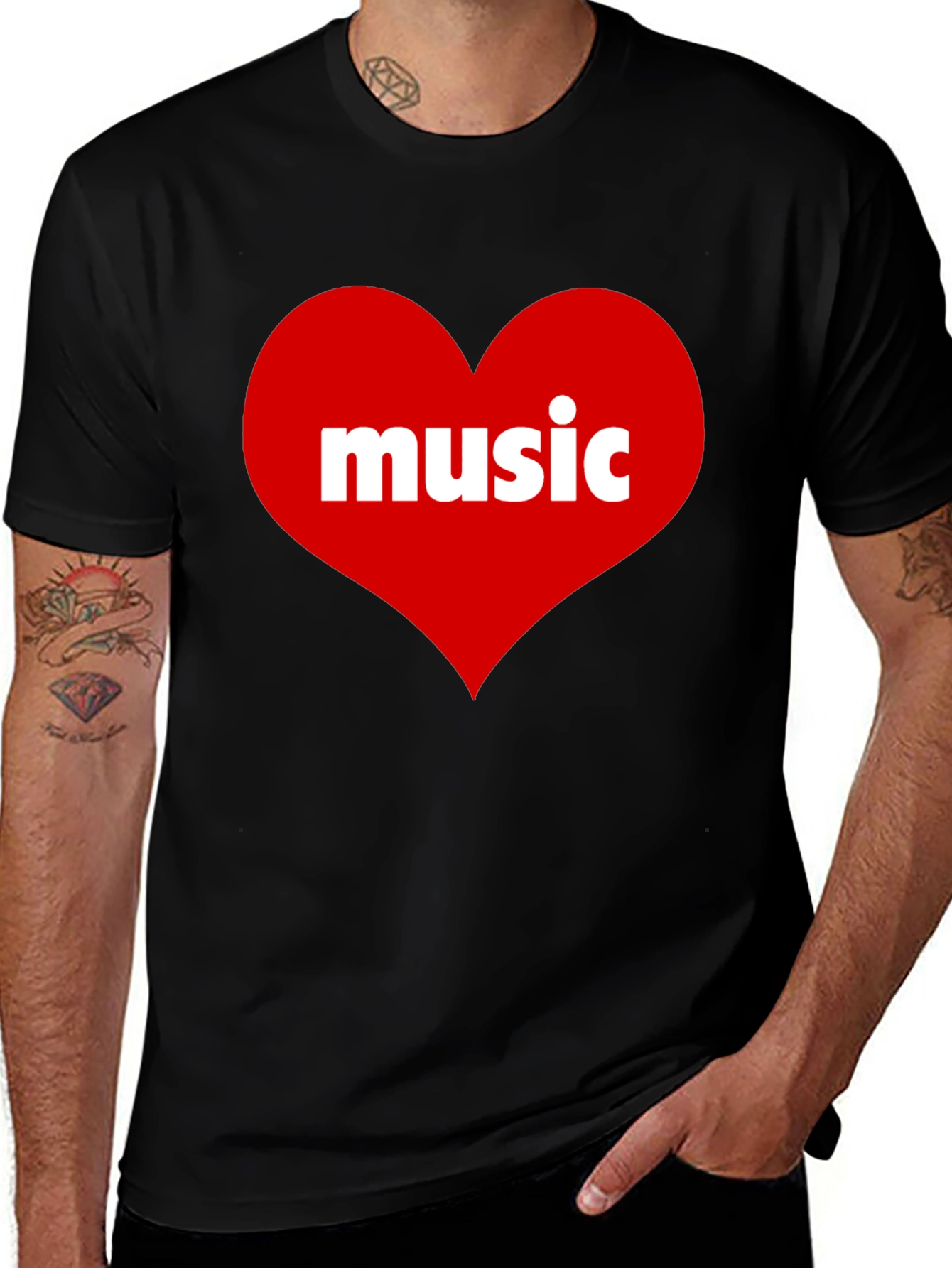 Music Lovers Black T-Shirt with Heart Design