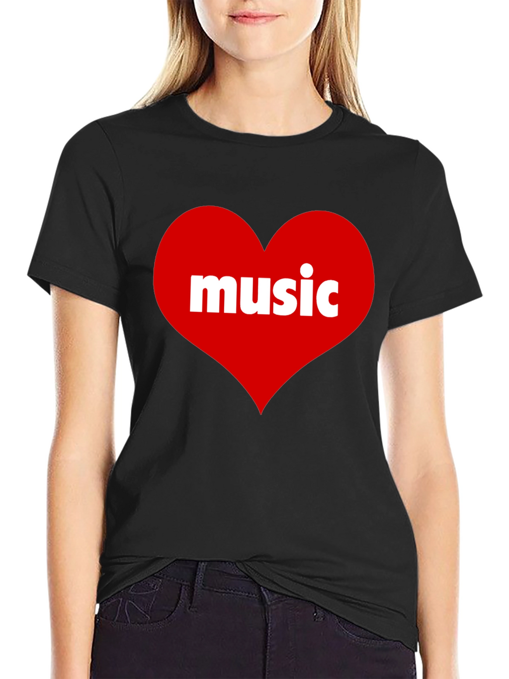 Music Lovers Black T-Shirt with Heart Design