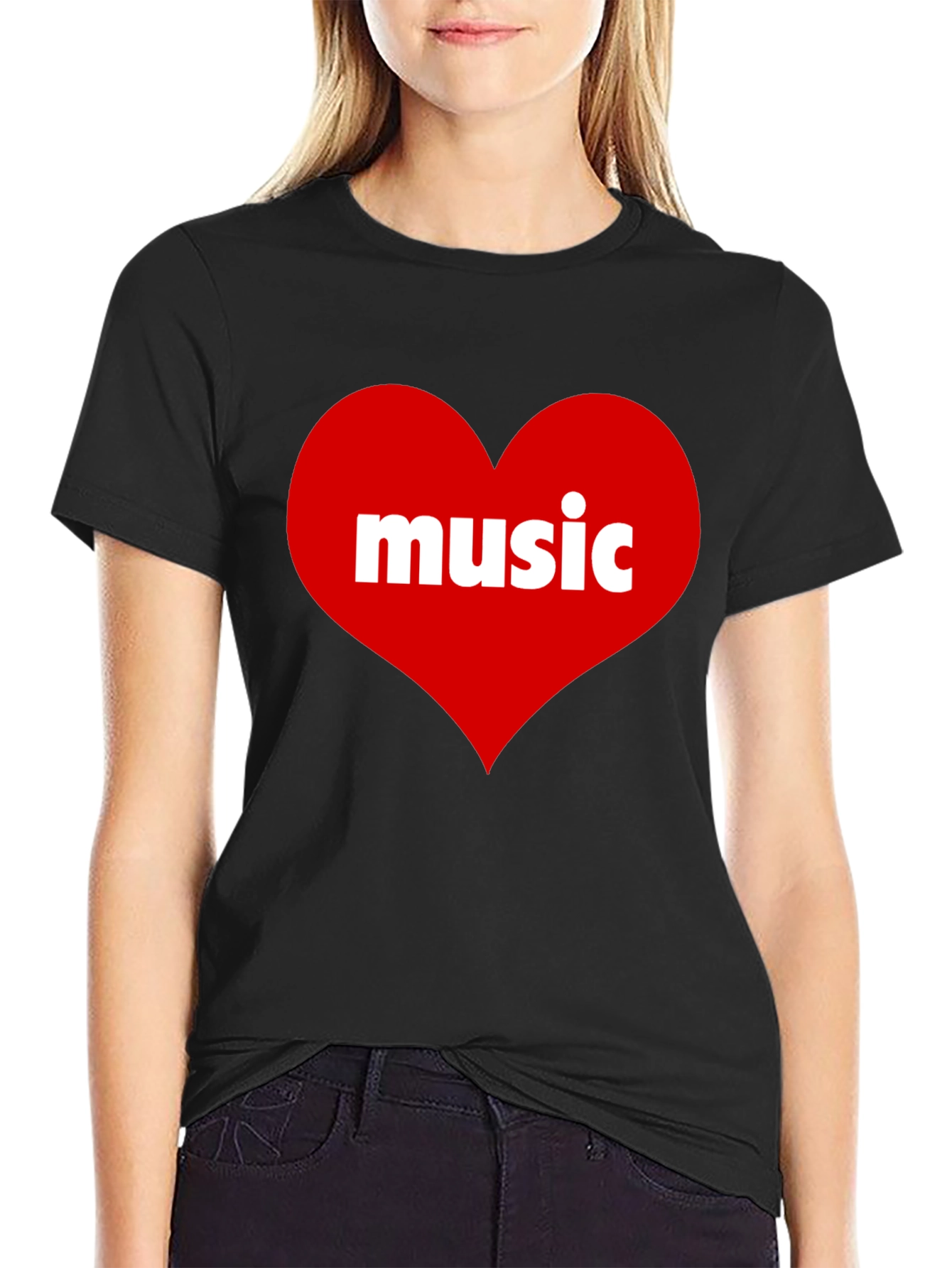 Music Lovers Black T-Shirt with Heart Design