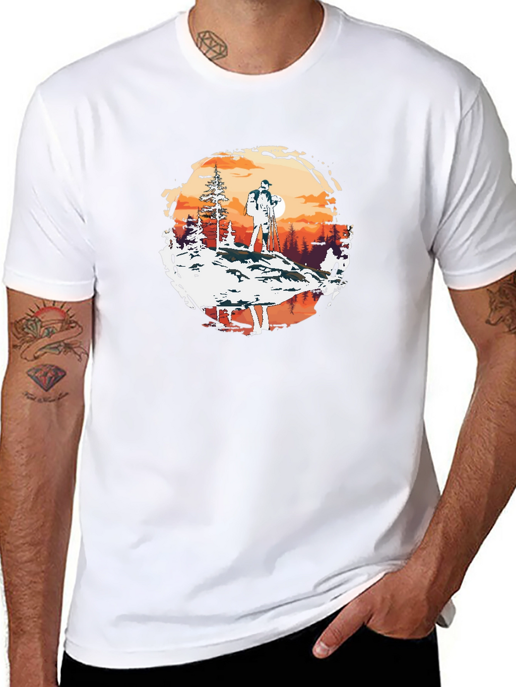 Outdoor Adventure Graphic Tee - Hiker at Sunset