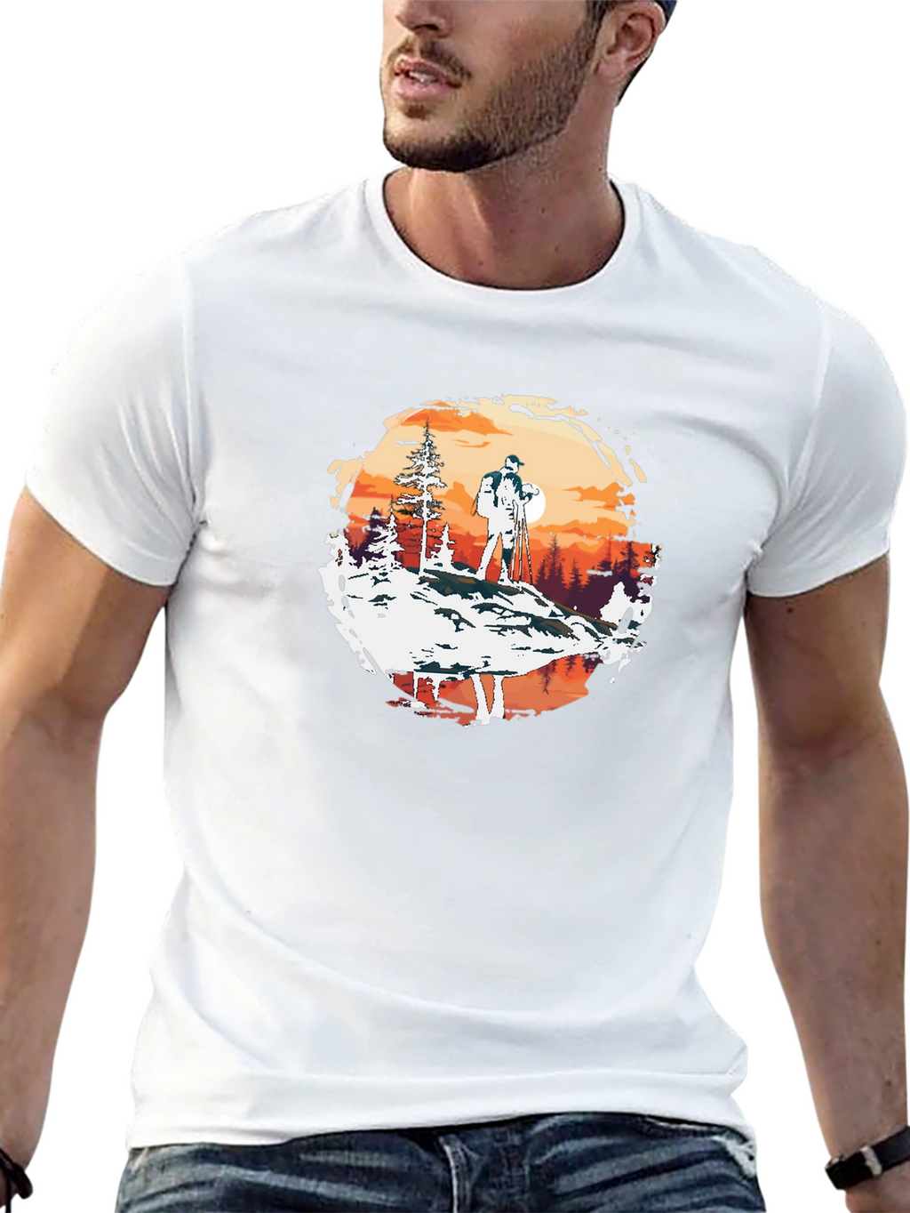Outdoor Adventure Graphic Tee - Hiker at Sunset