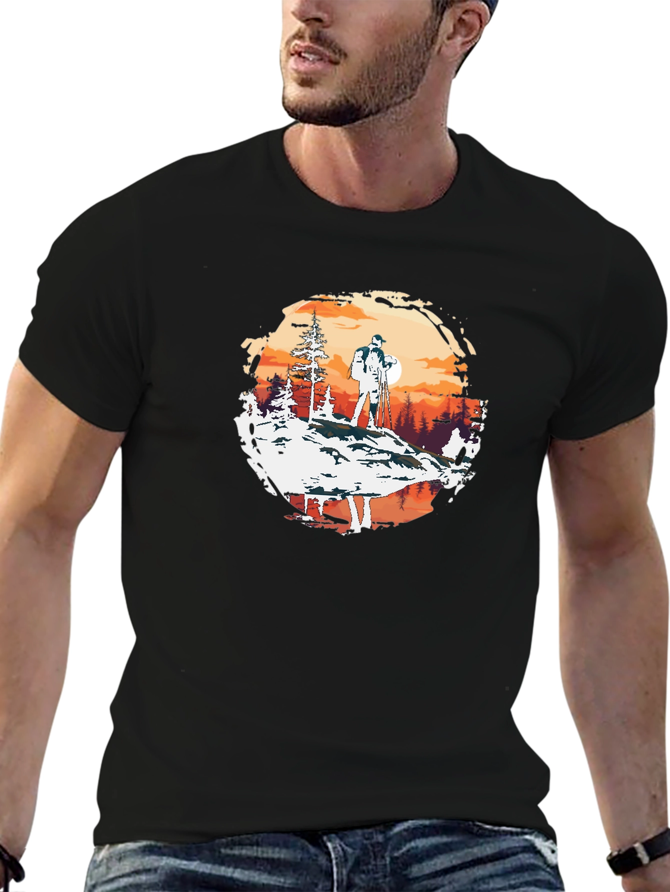 Outdoor Adventure Graphic Tee - Hiker at Sunset