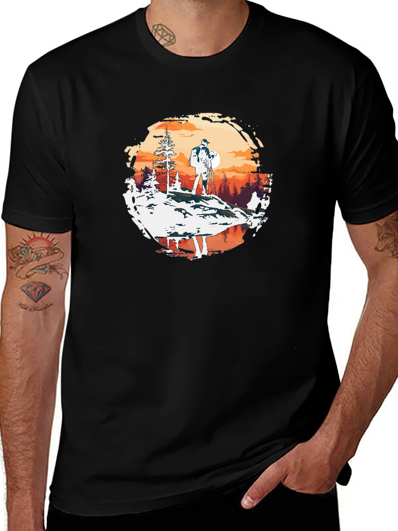 Outdoor Adventure Graphic Tee - Hiker at Sunset