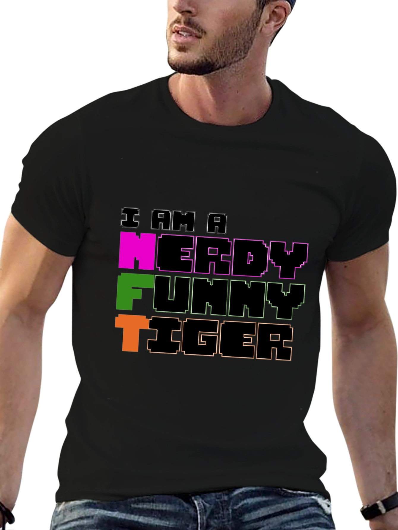Nerdy Funny Tiger Graphic Tee - Black Crew Neck