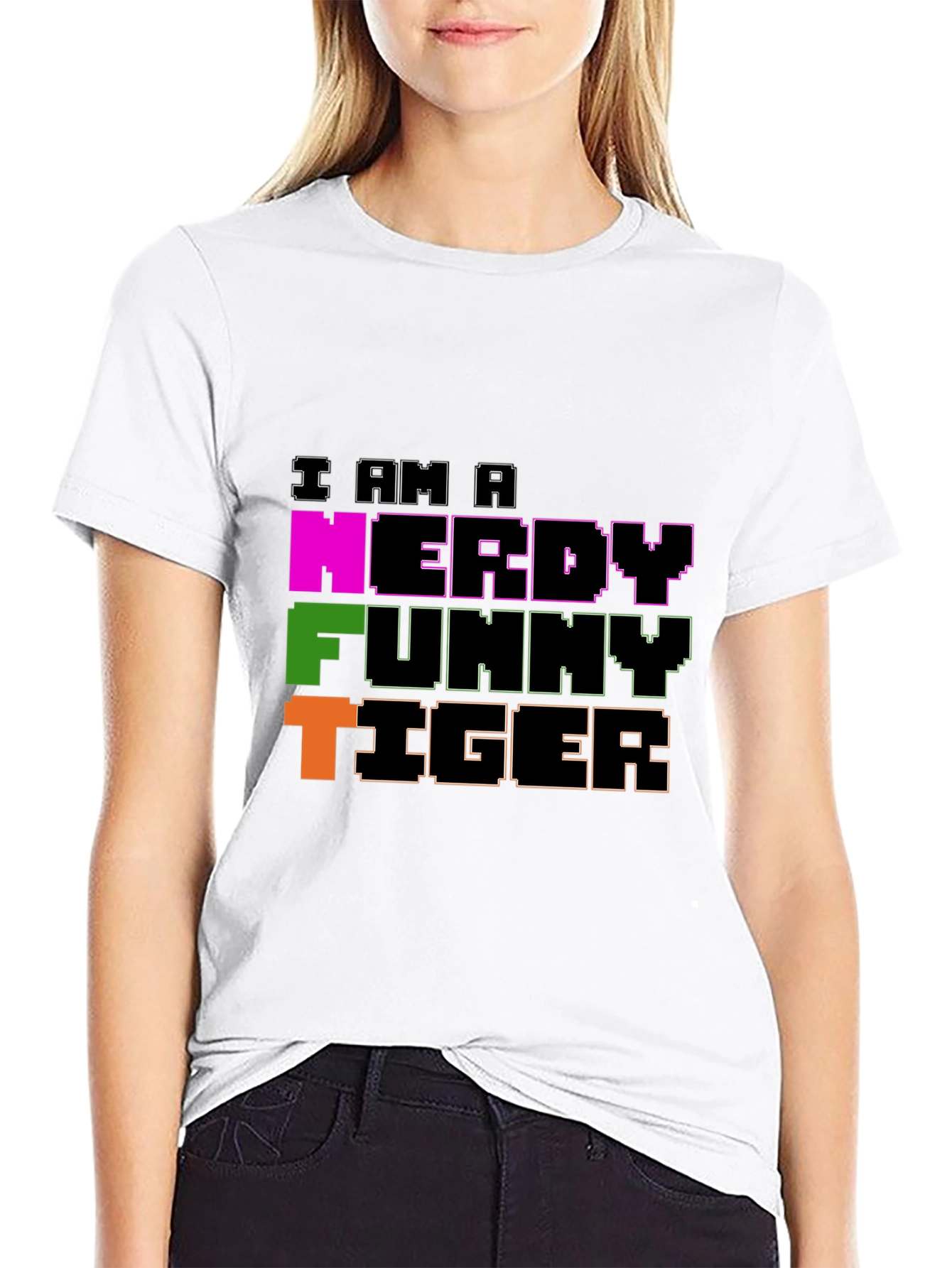 Nerdy Funny Tiger Graphic Tee - Black Crew Neck