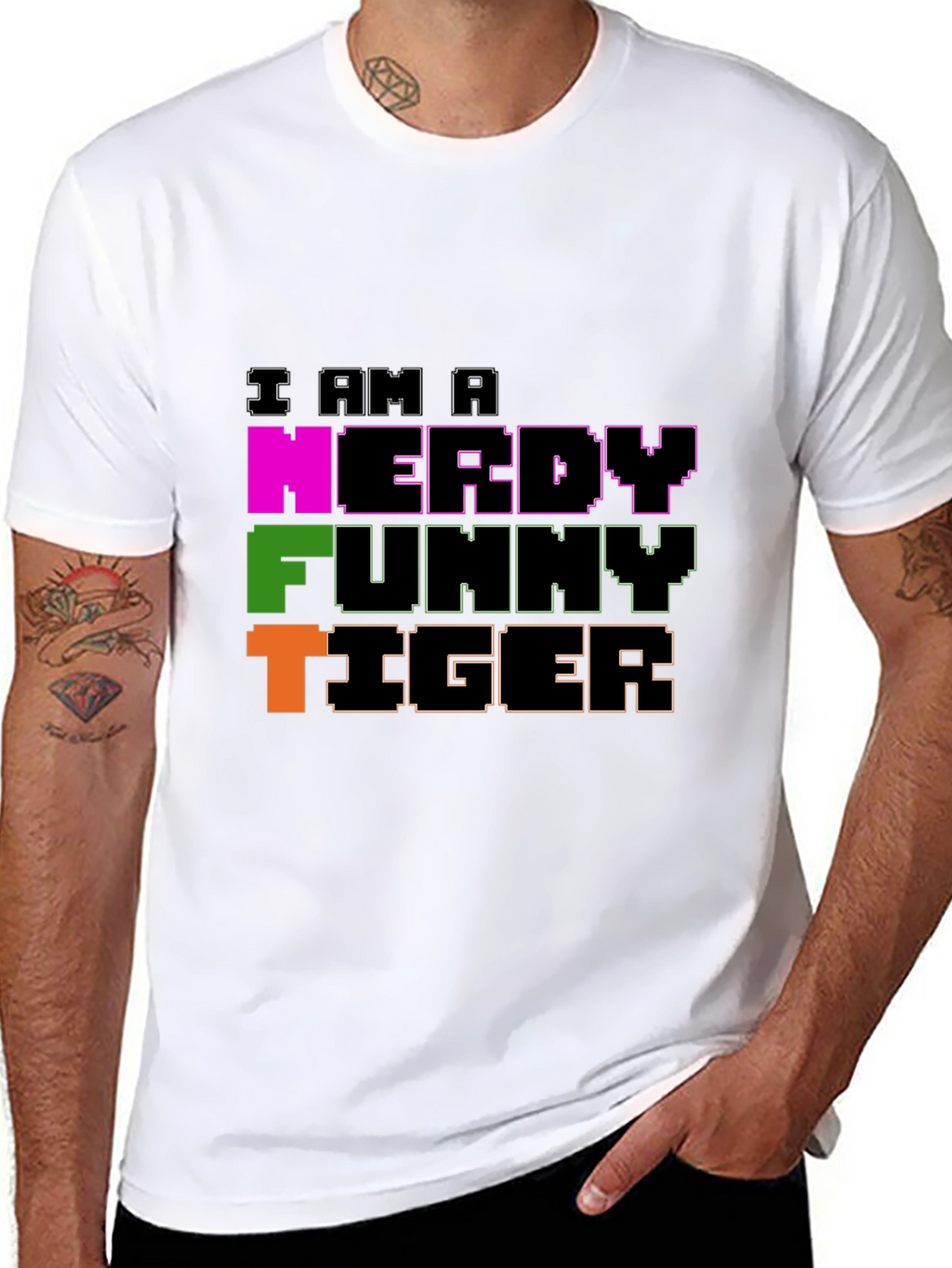 Nerdy Funny Tiger Graphic Tee - Black Crew Neck