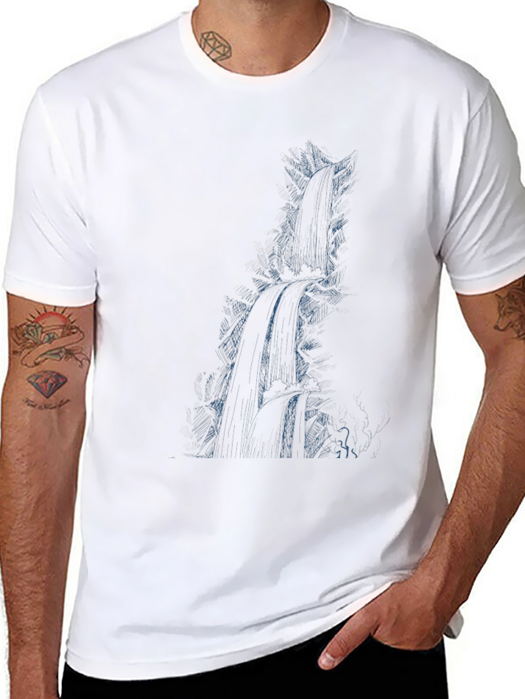 Mens Black Graphic Tee - Waterfall Design