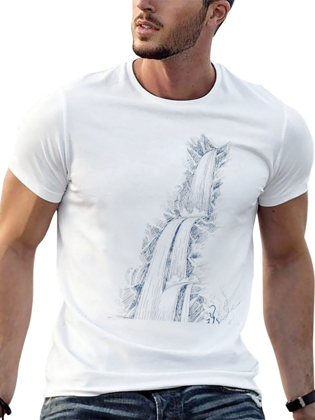 Mens Black Graphic Tee - Waterfall Design