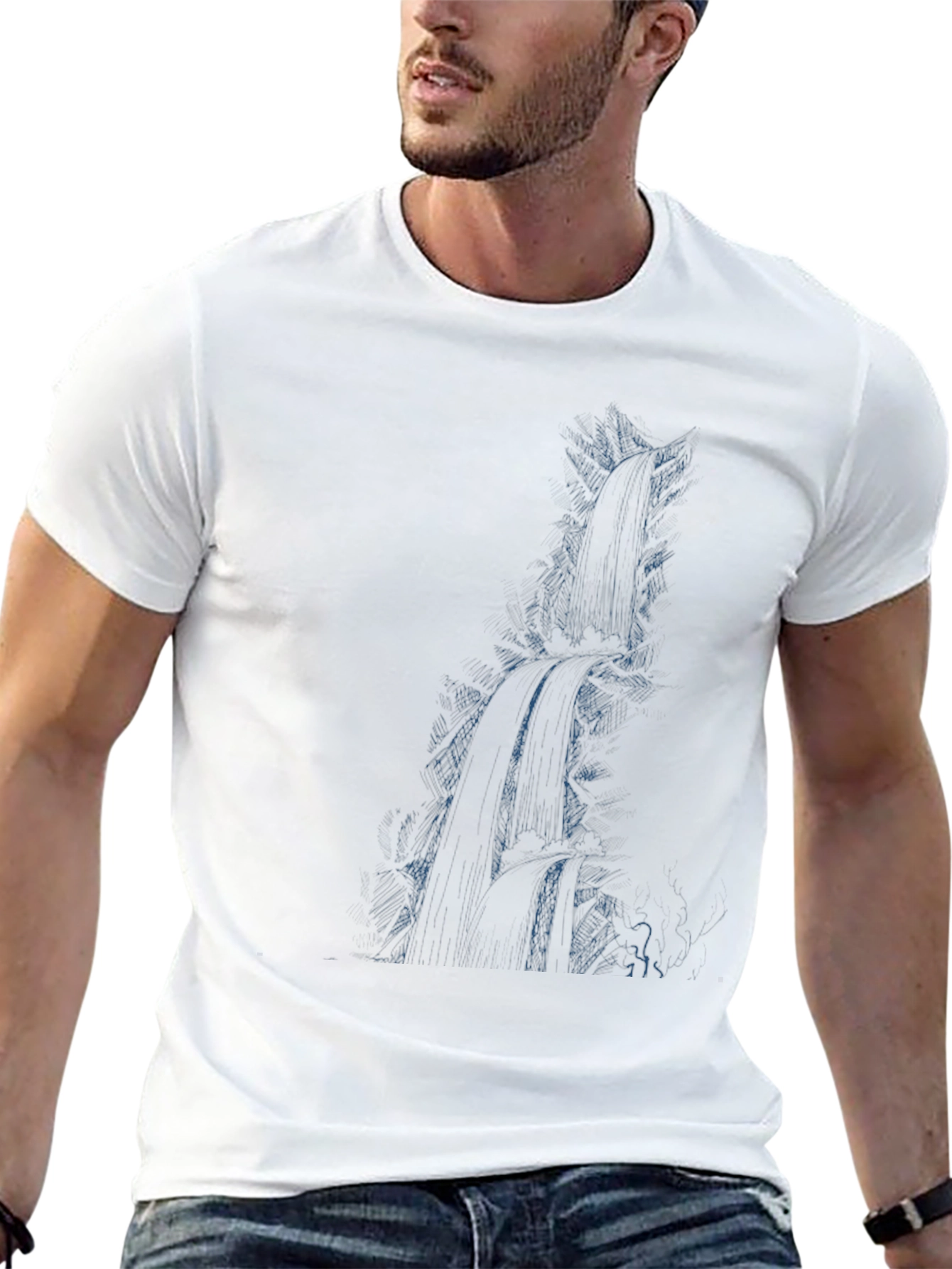 Mens Black Graphic Tee - Waterfall Design