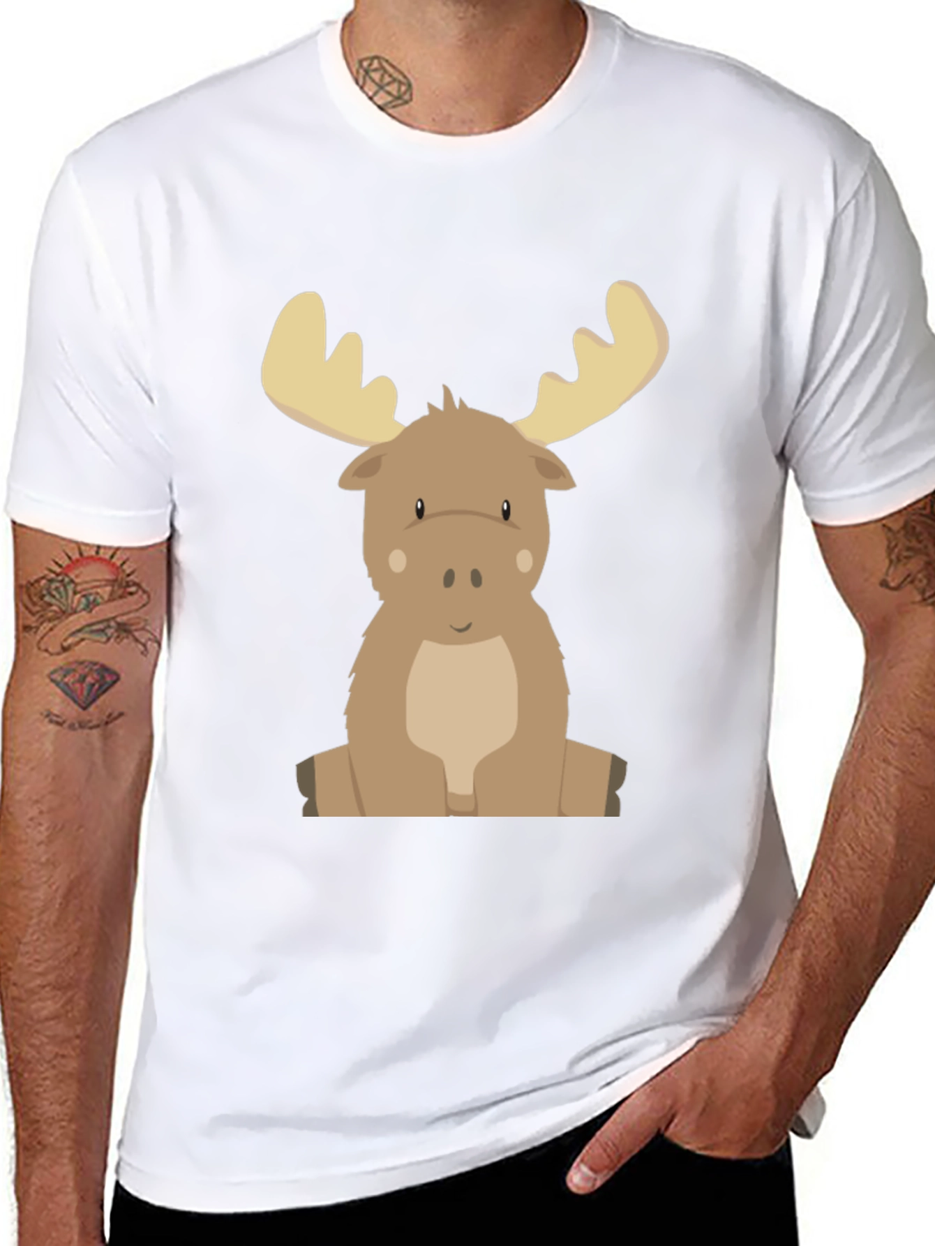 Cute Cartoon Moose Graphic Tee - Black