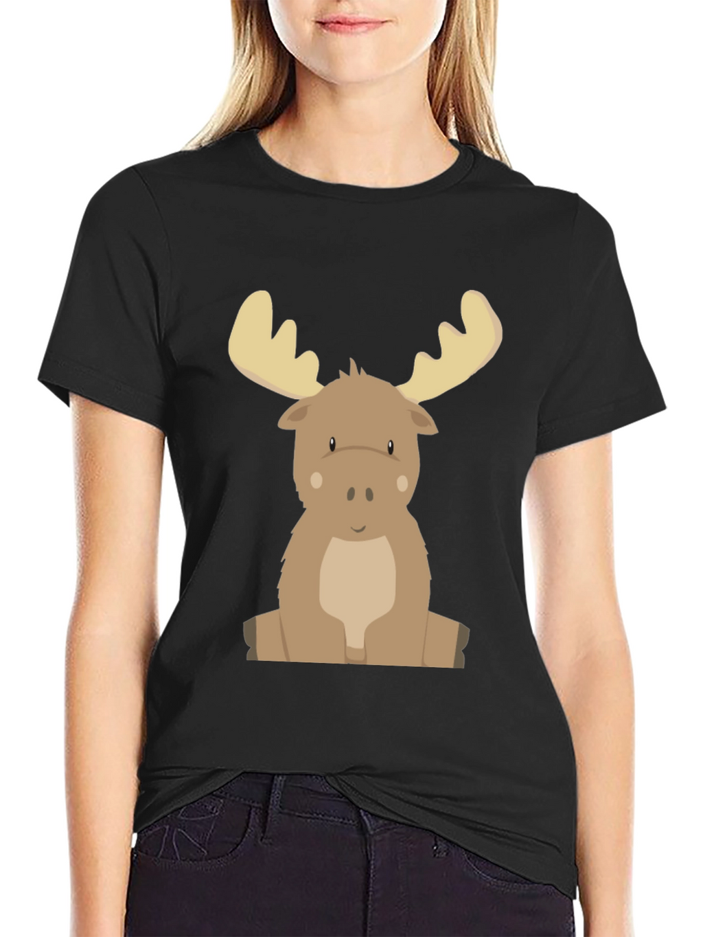 Cute Cartoon Moose Graphic Tee - Black