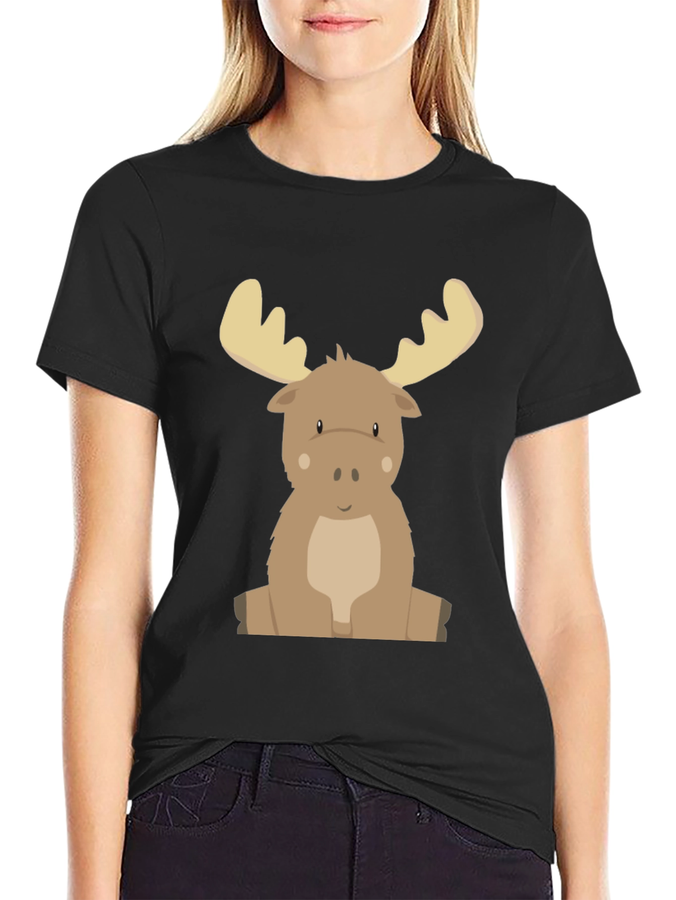 Cute Cartoon Moose Graphic Tee - Black