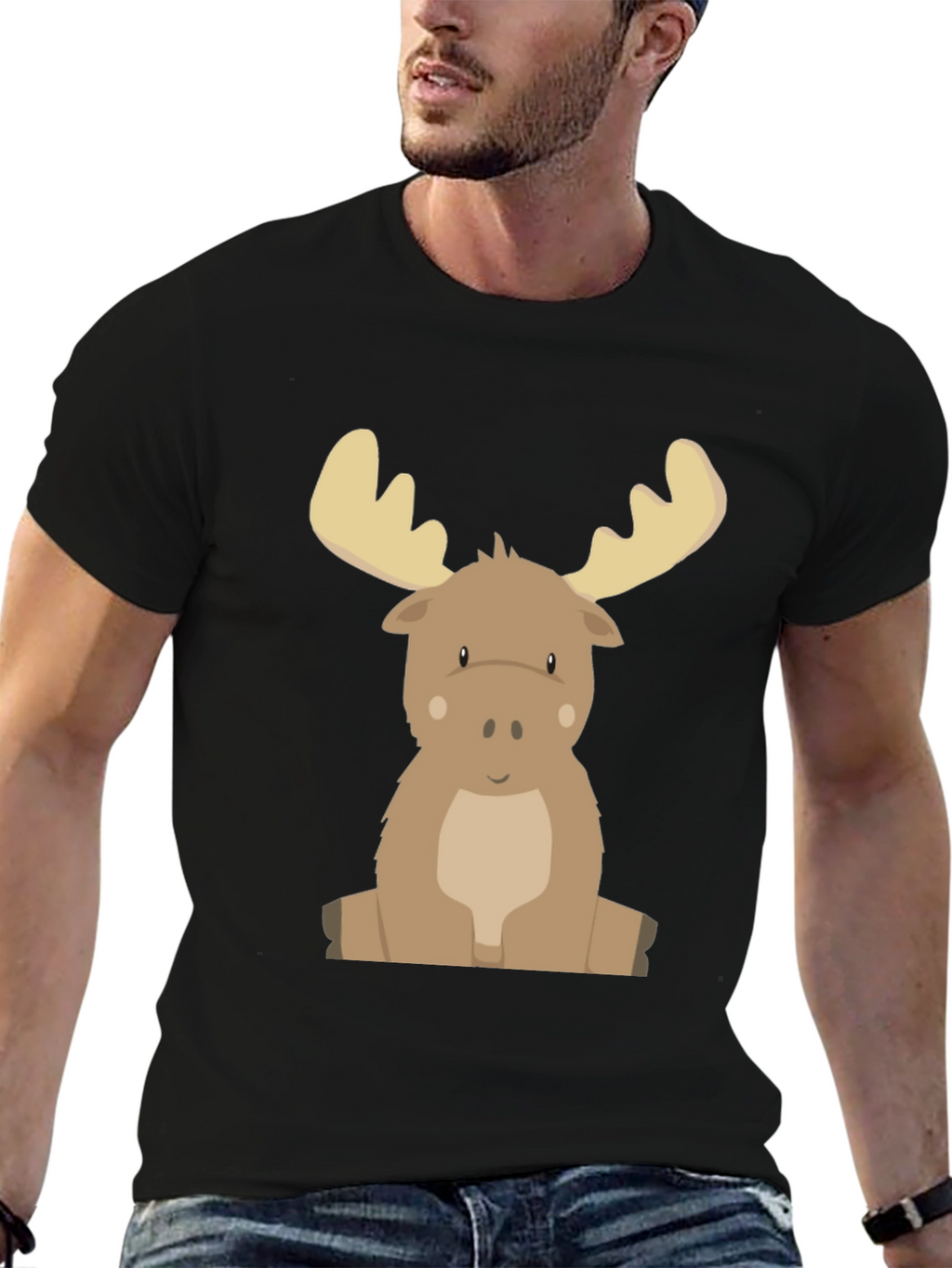 Cute Cartoon Moose Graphic Tee - Black