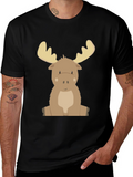 Cute Cartoon Moose Graphic Tee - Black