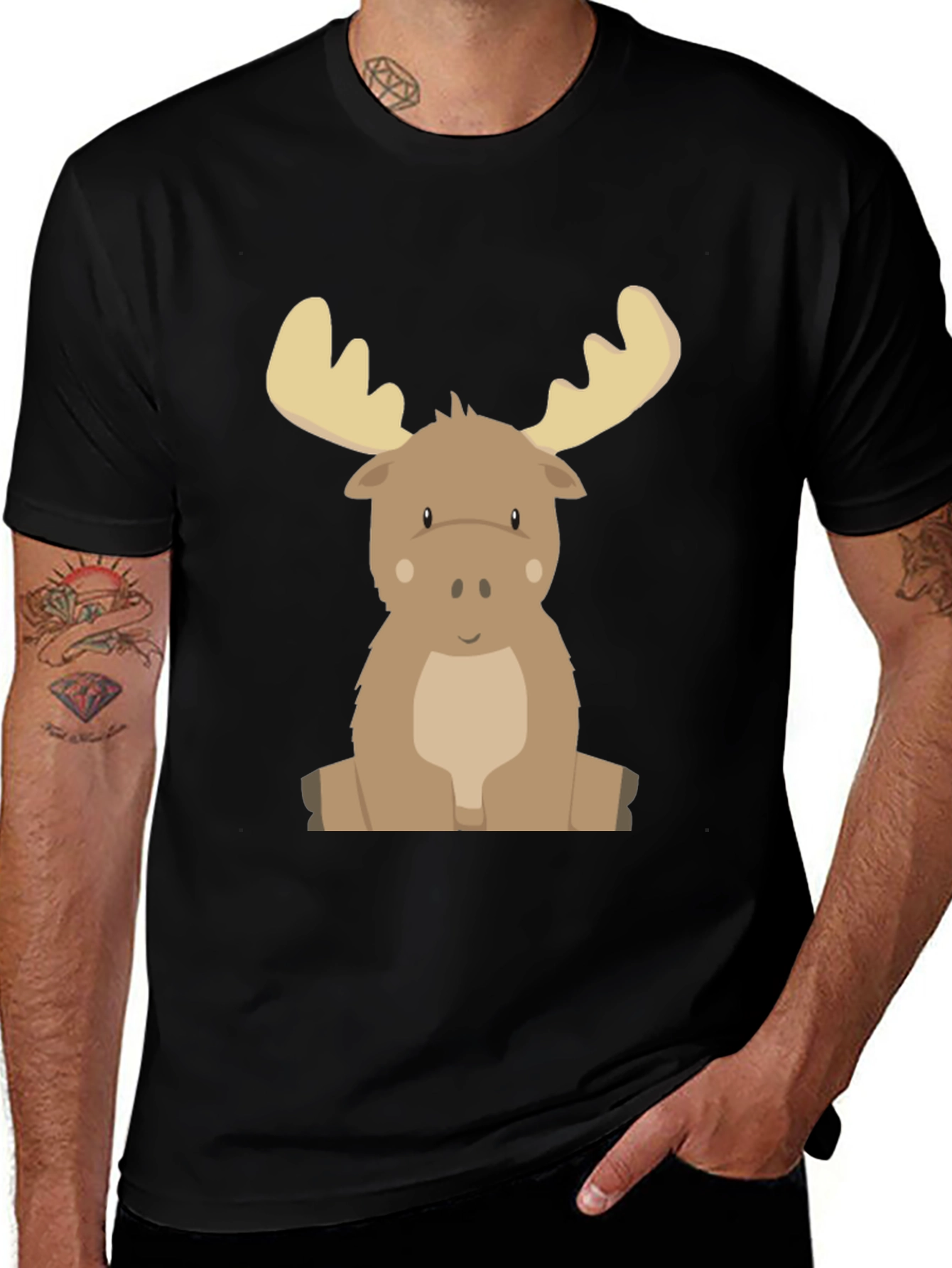 Cute Cartoon Moose Graphic Tee - Black