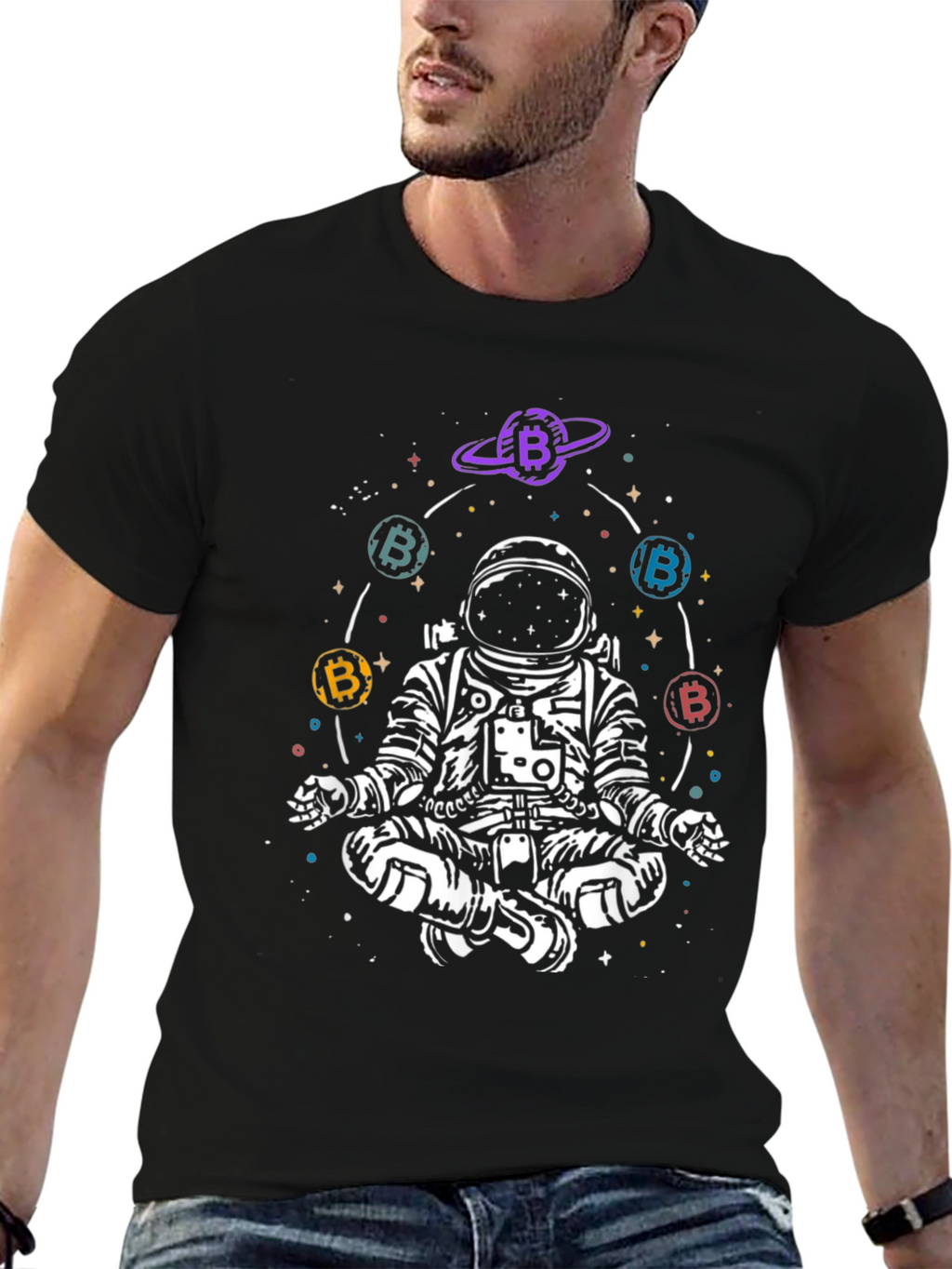 Astronaut Bitcoin Meditating Graphic Tee - Black