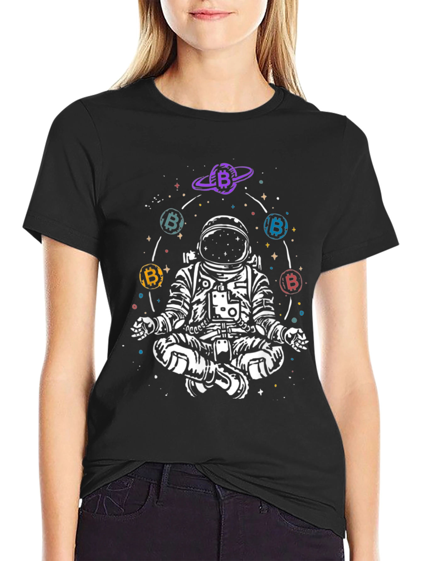 Astronaut Bitcoin Meditating Graphic Tee - Black