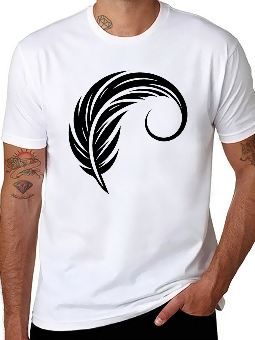 Mens Black Graphic Tee - Feather Design