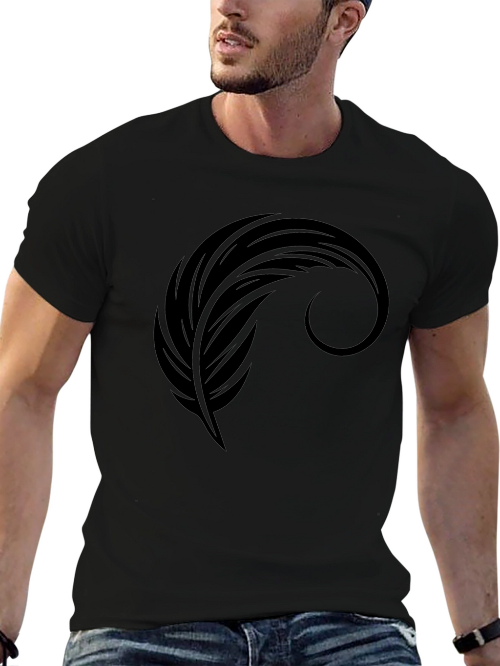 Mens Black Graphic Tee - Feather Design