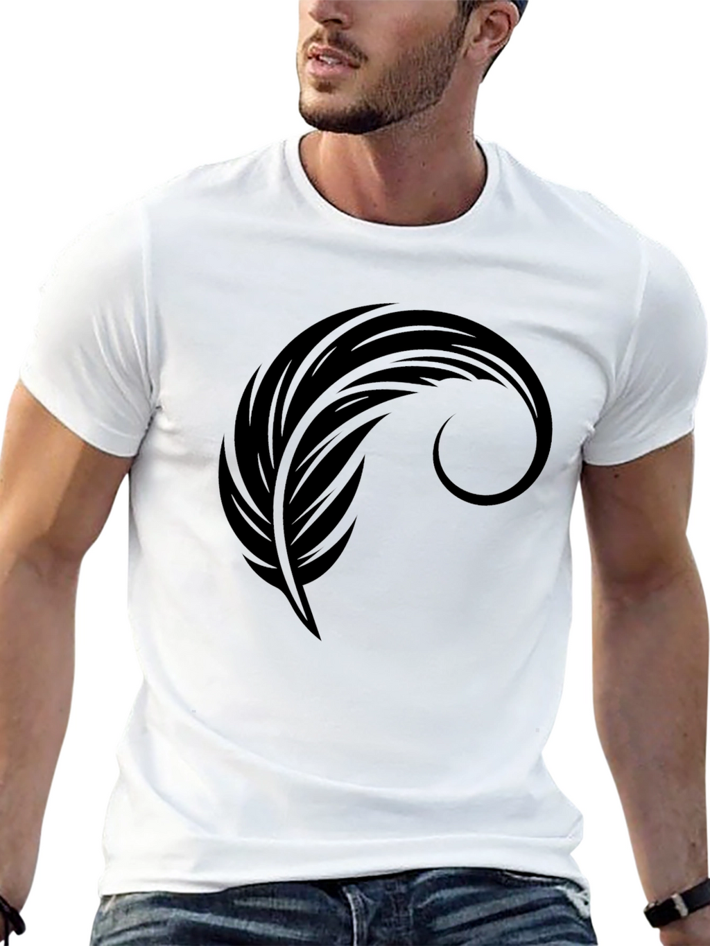 Mens Black Graphic Tee - Feather Design