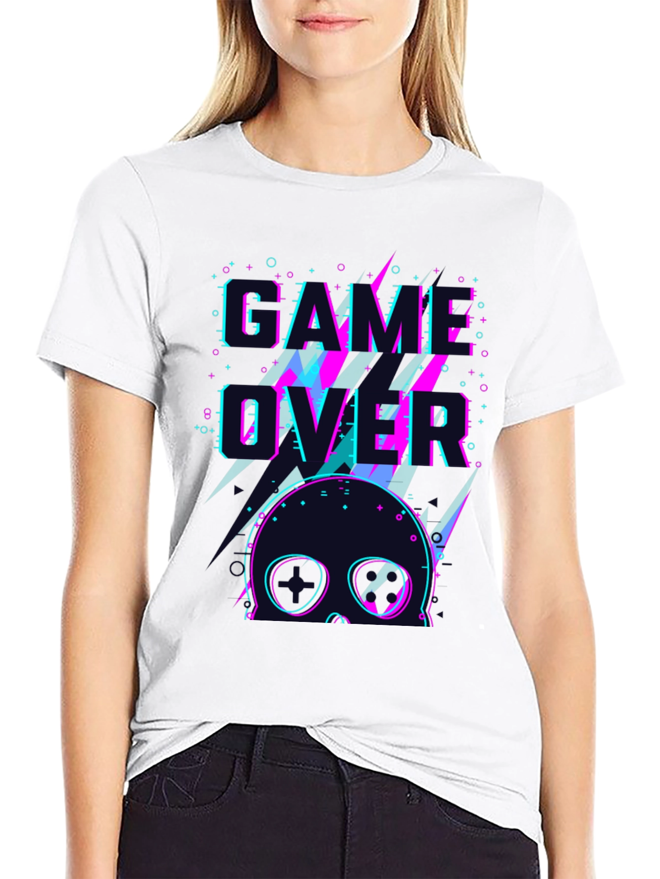 Game Over Skull Graphic Tee - Black Crew Neck