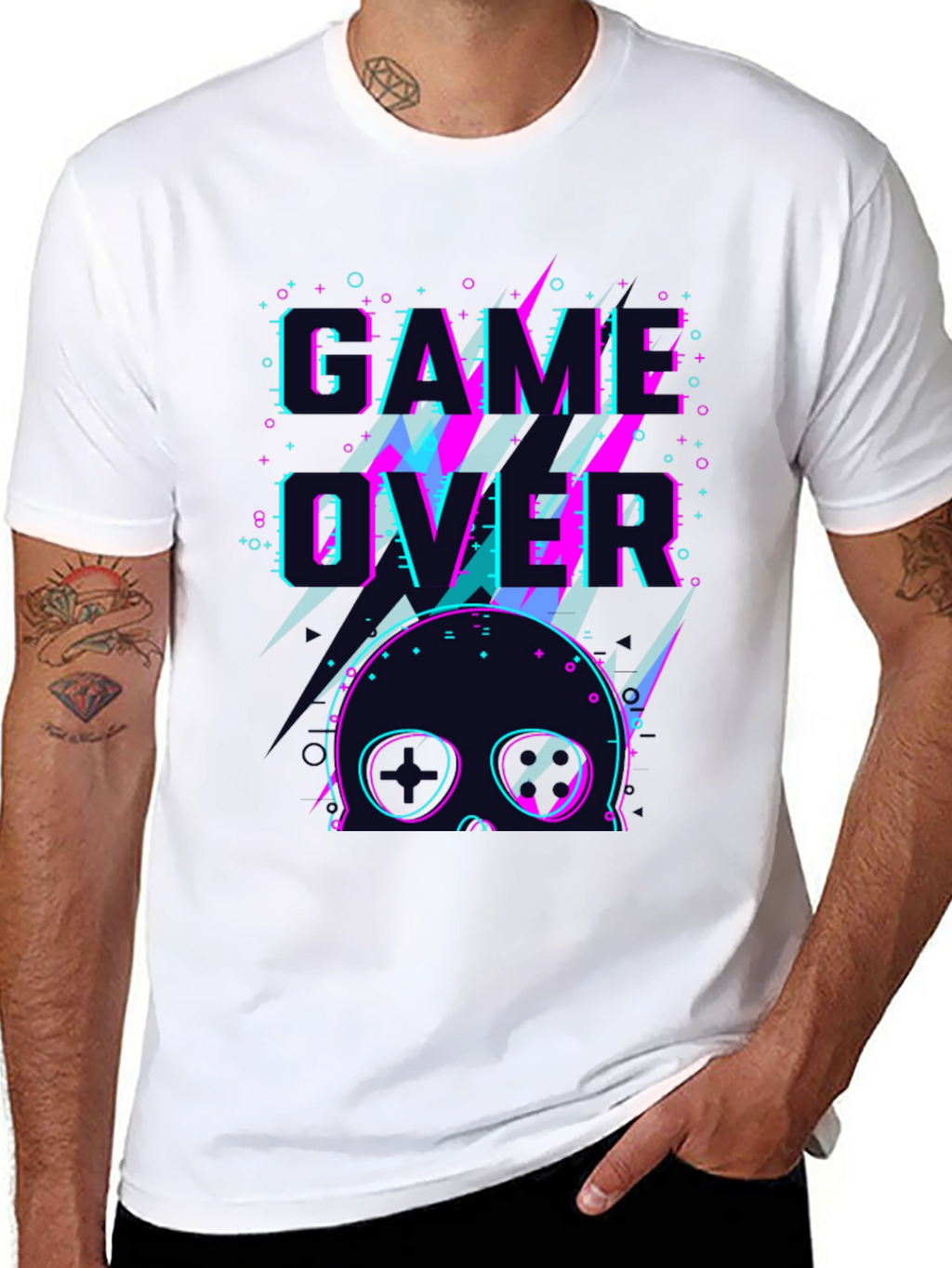 Game Over Skull Graphic Tee - Black Crew Neck