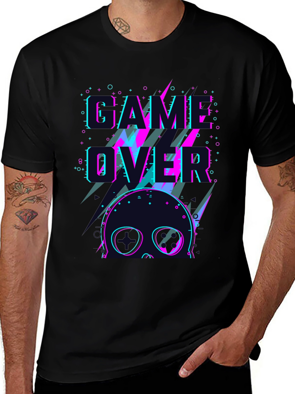 Game Over Skull Graphic Tee - Black Crew Neck