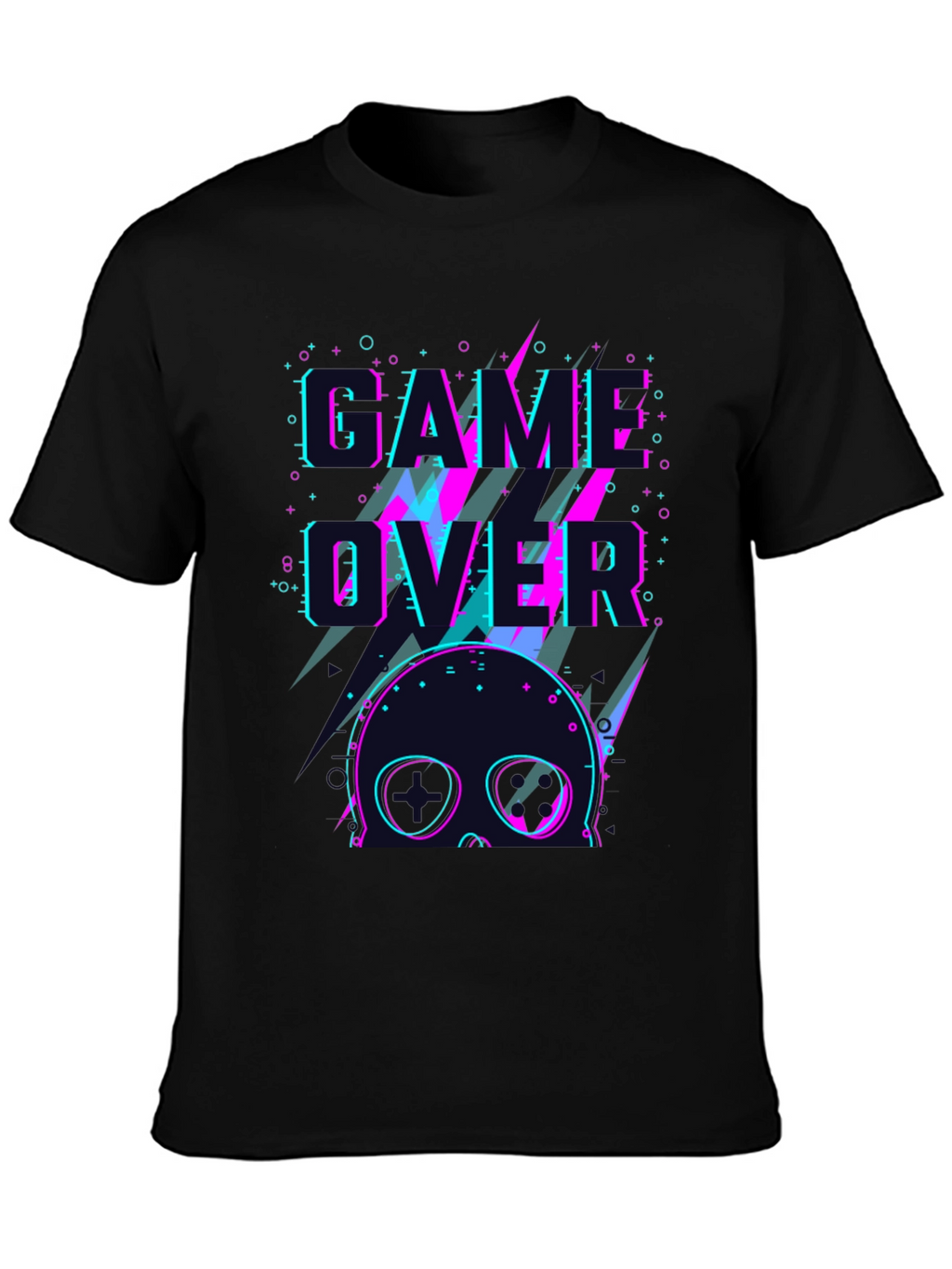 Game Over Skull Graphic Tee - Black Crew Neck