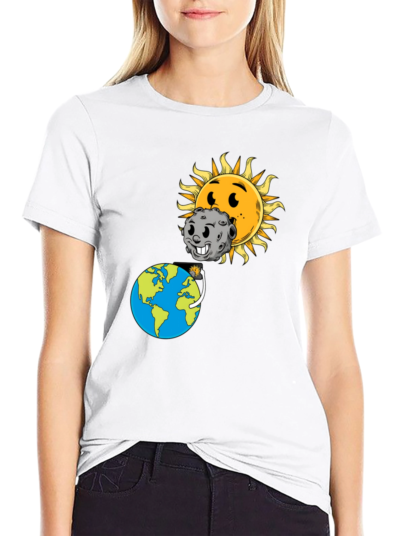 Cartoon Solar Eclipse Black T-Shirt