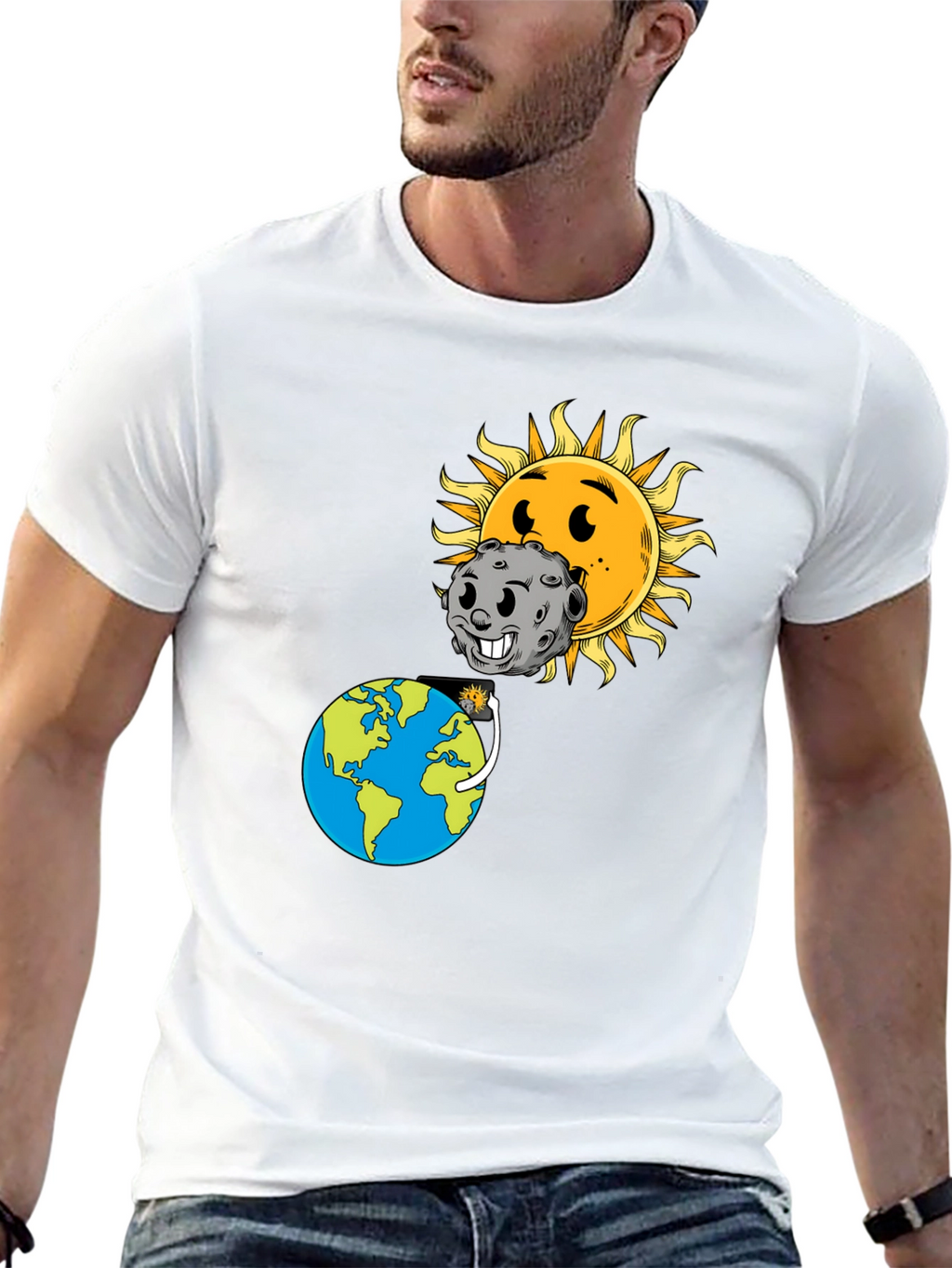 Cartoon Solar Eclipse Black T-Shirt