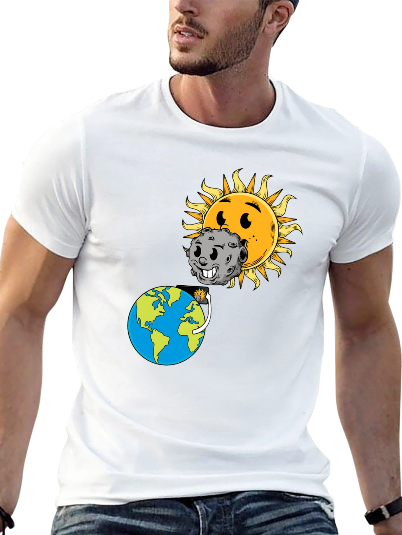 Cartoon Solar Eclipse Black T-Shirt