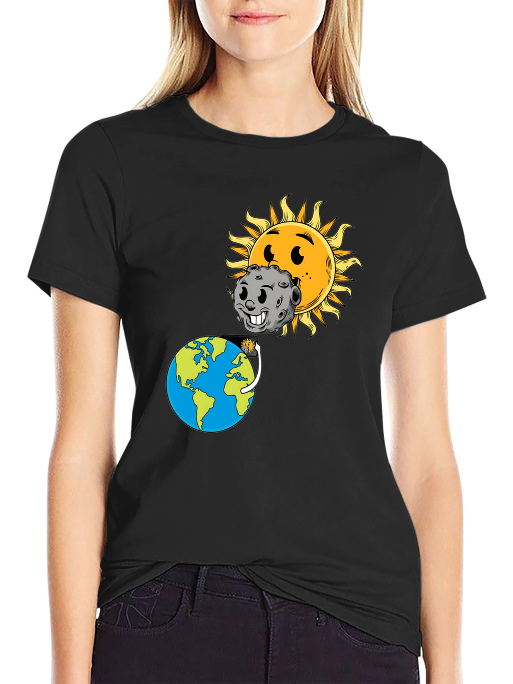 Cartoon Solar Eclipse Black T-Shirt