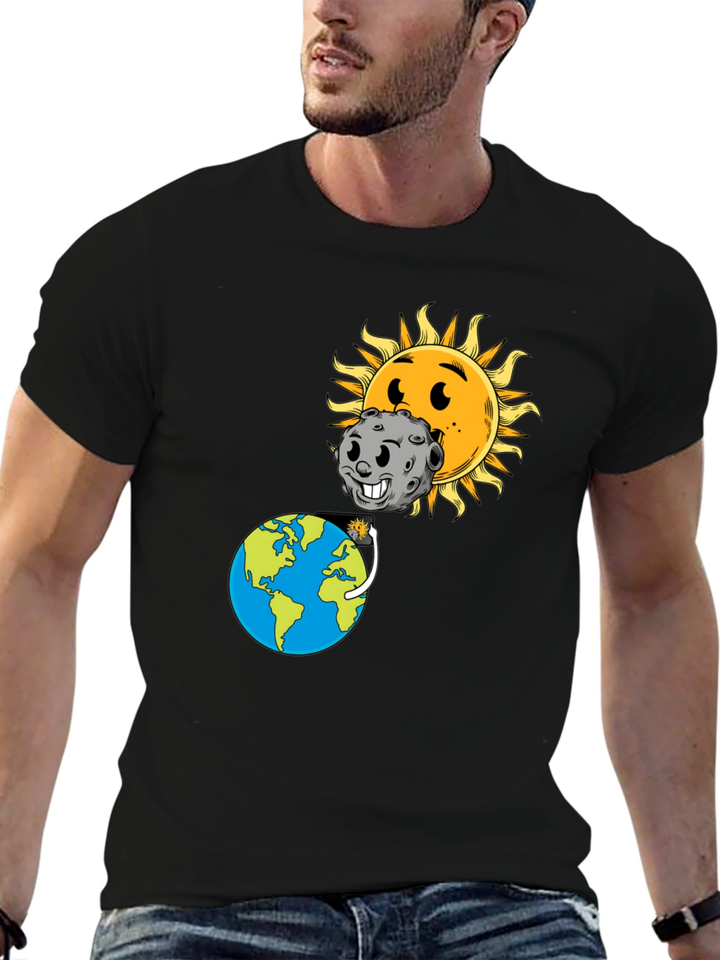 Cartoon Solar Eclipse Black T-Shirt