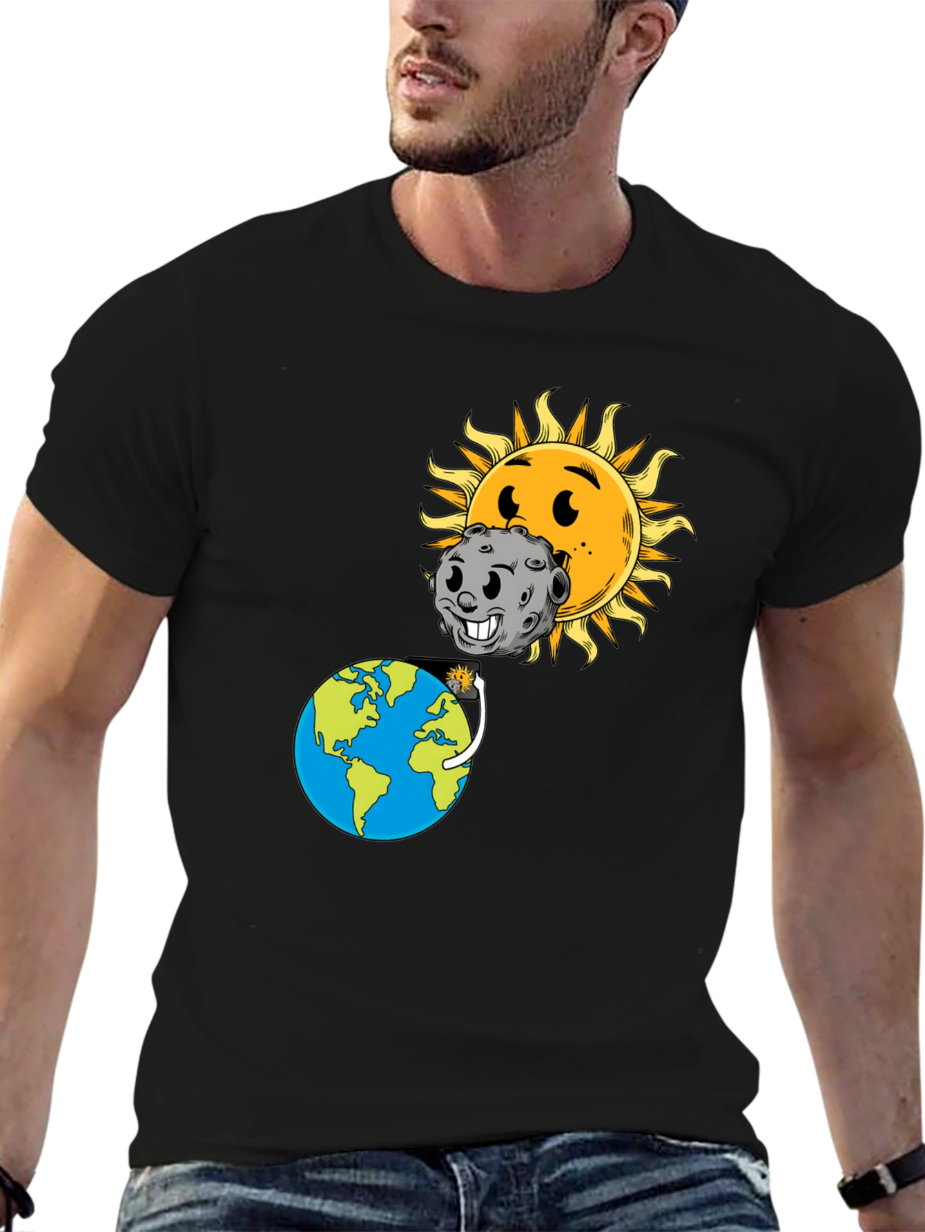 Cartoon Solar Eclipse Black T-Shirt