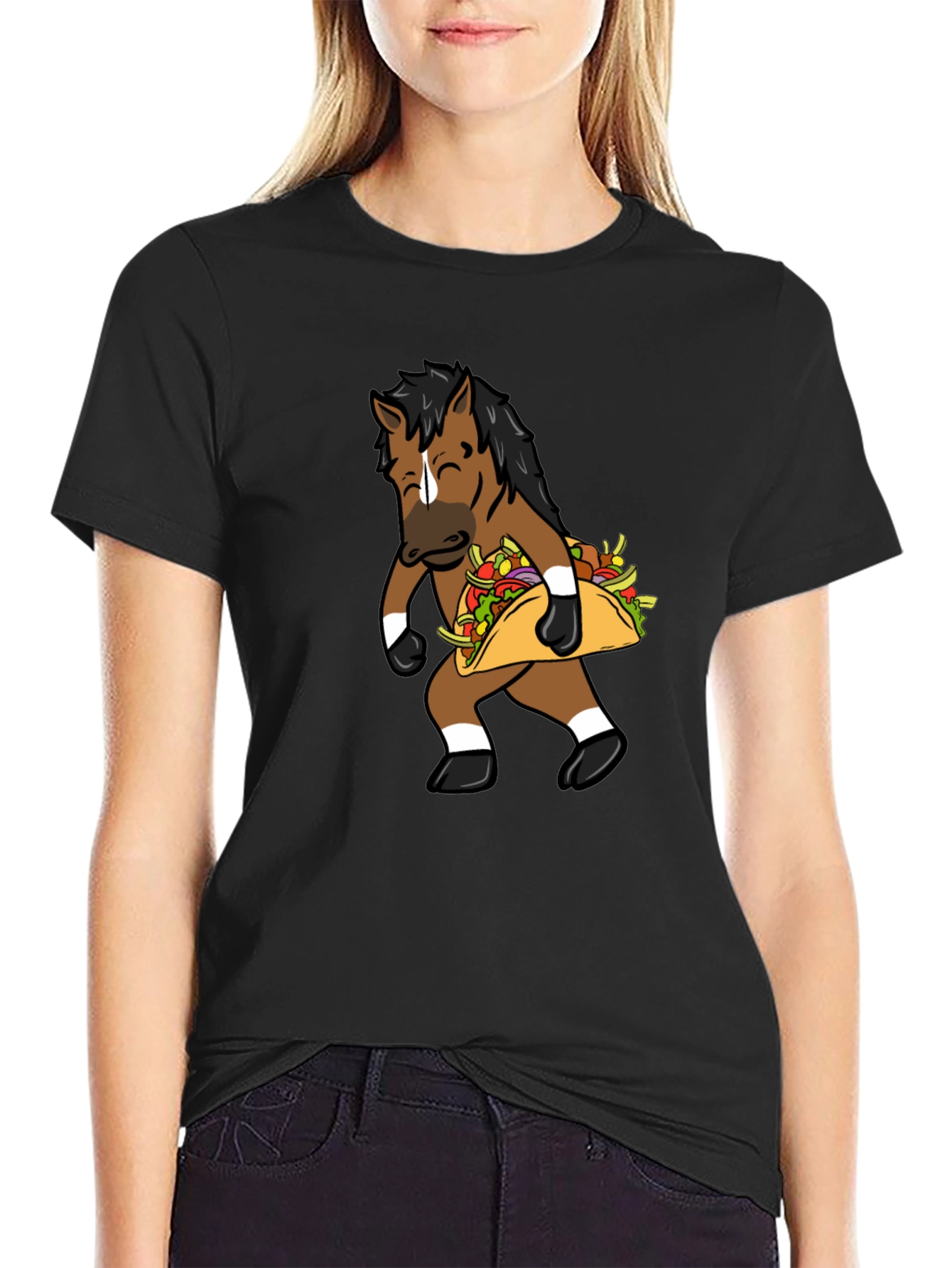 Funny Horse Taco Graphic Tee - Black Cotton T-Shirt