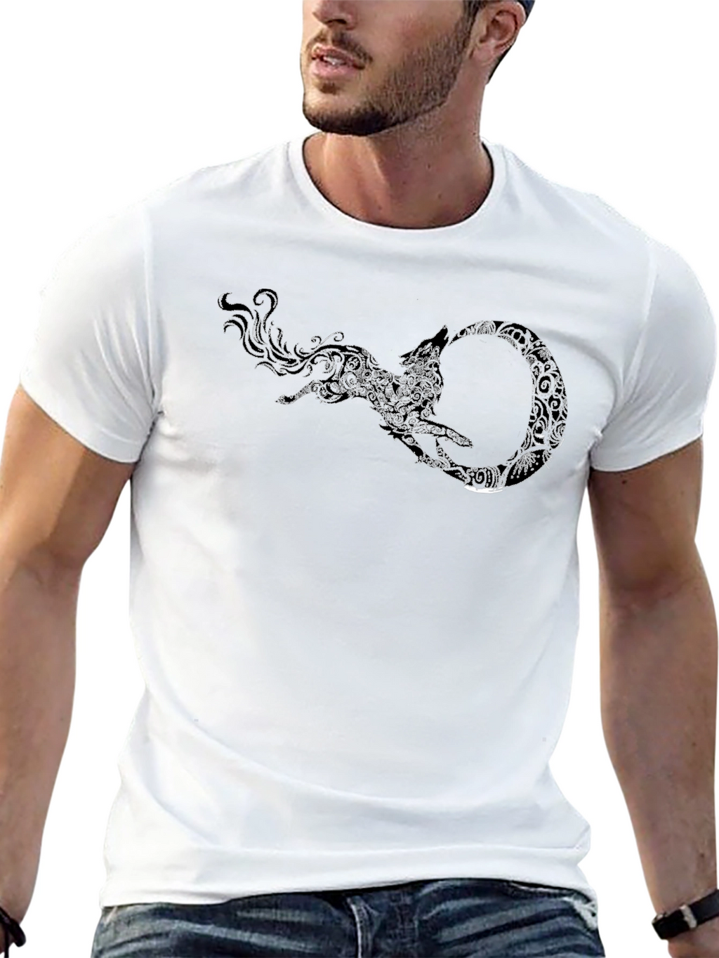 Black Tee with Wolf Ouroboros Design