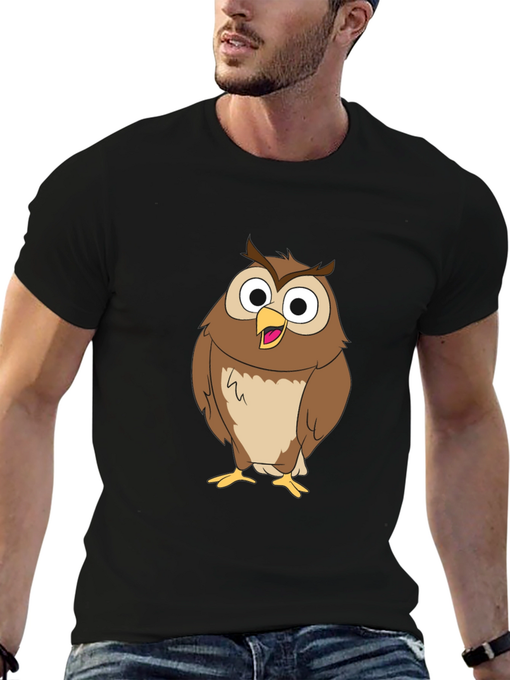 Funny Owl Graphic Print Black T-Shirt