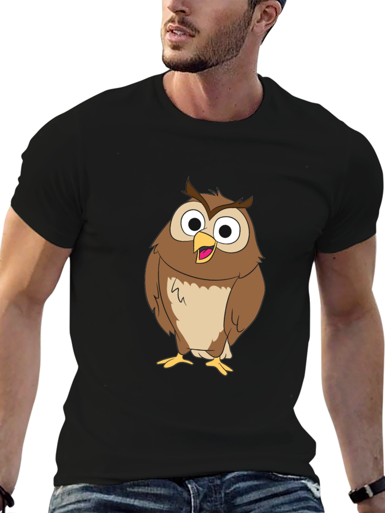 Funny Owl Graphic Print Black T-Shirt