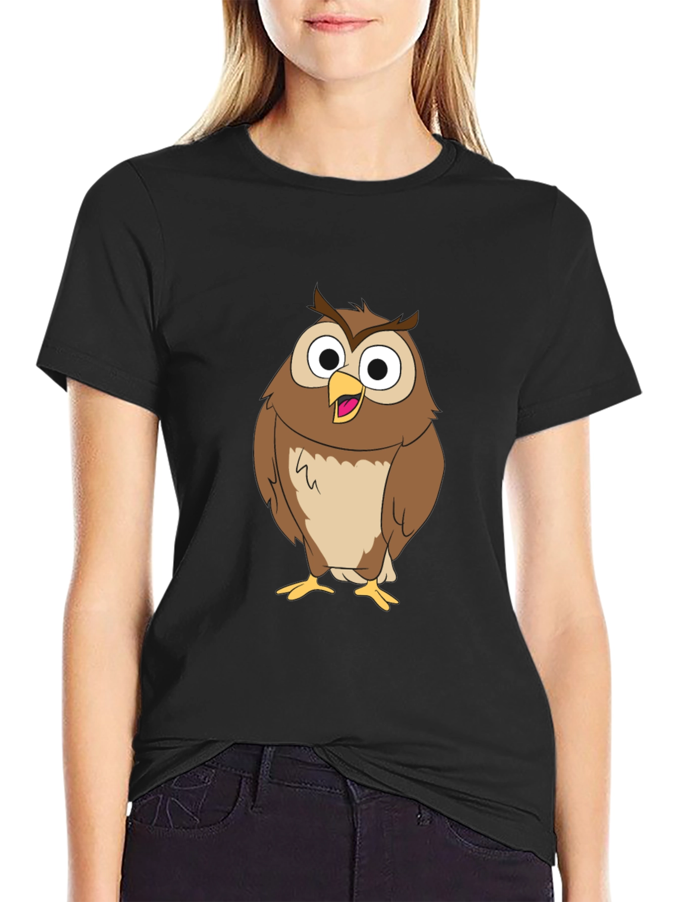 Funny Owl Graphic Print Black T-Shirt